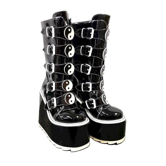YRU Dune Yin Yang Vegan Patent Leather Wedge Platform Boots 6 - Picture 2 of 10